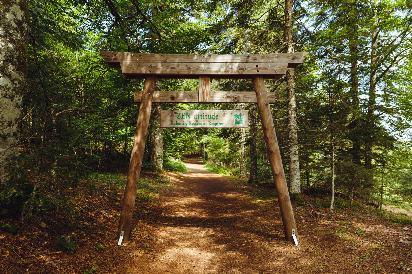 Panneau posé sur un sentier de forêt et indiquant "Zen attitude : ralentir, ressentir, respirer".