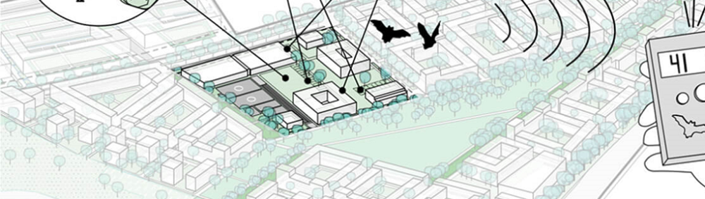 Illustration d'une ville avec des immeubles, des habitants et des chauves souris