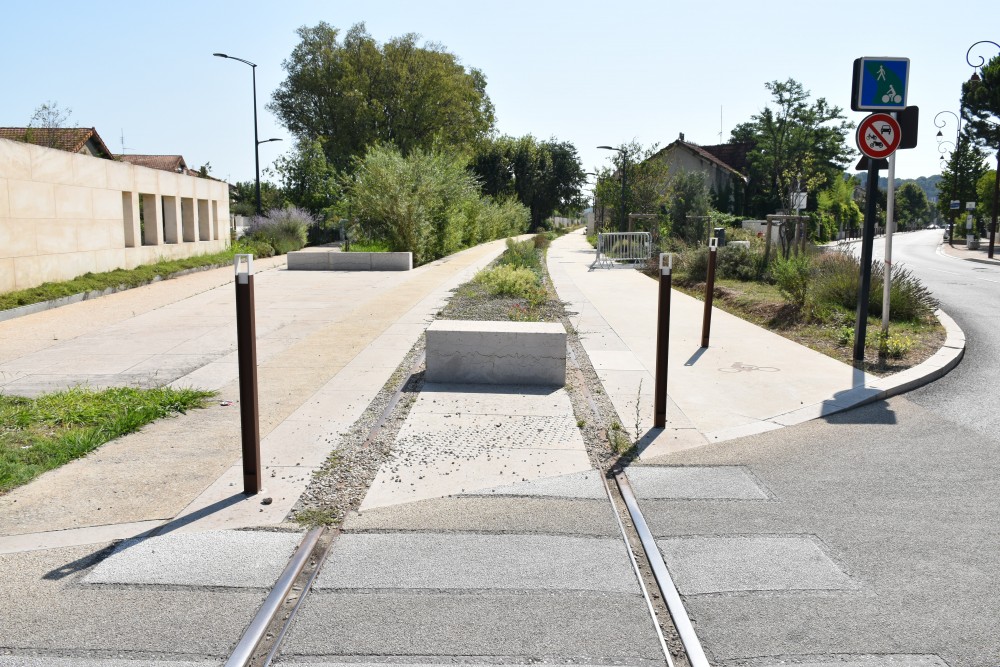 Imbrication de rails de train dans une zone mode doux de façon à permettre la continuité. Les rails sont végétalisés et séparent l'espace piéton de l'espace cycliste.