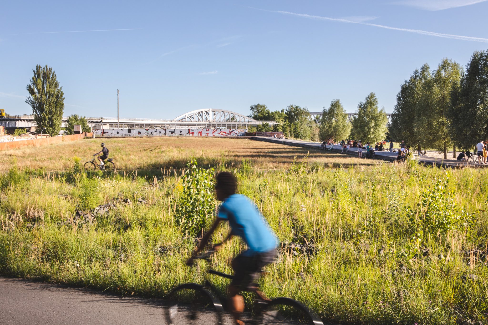 Cycliste en premier plan, avec un terrain végétalisé en arrière plan. Un pont ainsi qu'une allée piétonne boisée sont également visibles