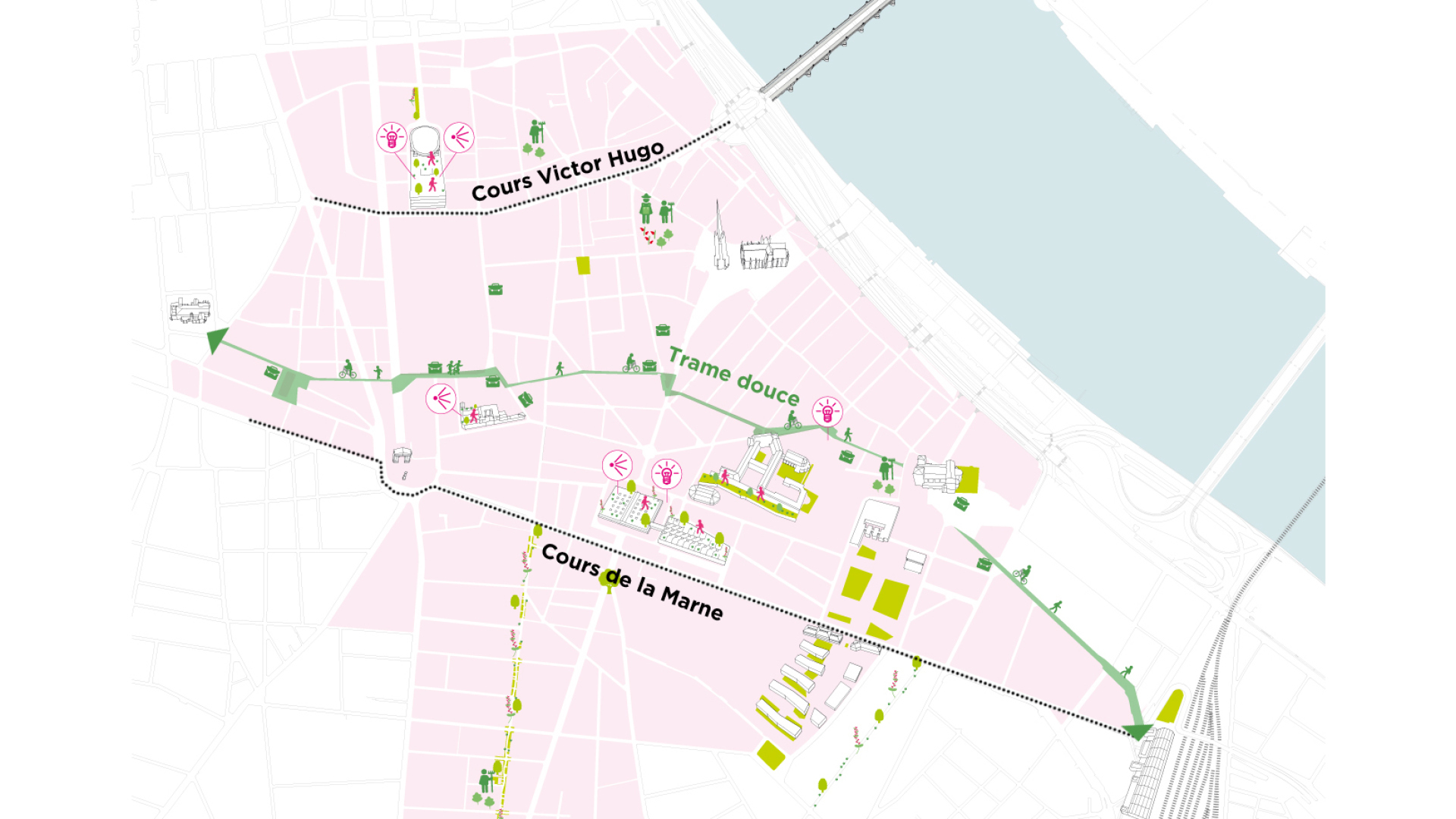 Carte du projet Re(Centres) du centre-ville de Bordeaux. Présence d'une trame douce, mise en évidence de certains lieux et des espaces végétalisés