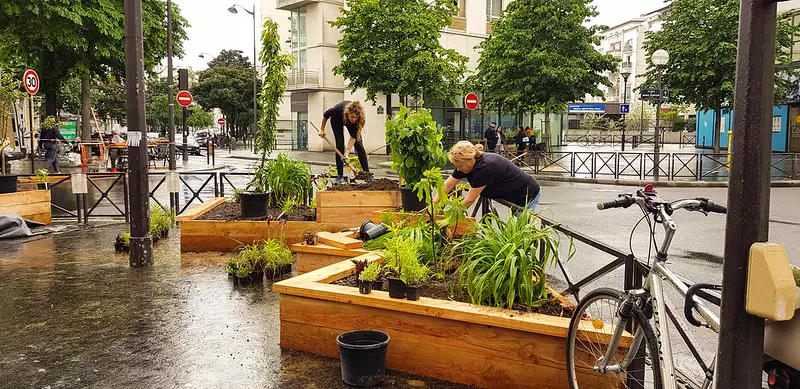 Plantations par des habitantes dans des bacs en bois disposés sur l'espace public