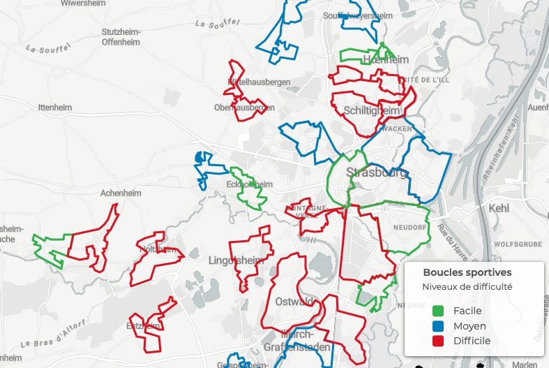 Carte des différentes boucles sportives près de Strasbourg avec un code couleur en fonction du niveau de difficulté